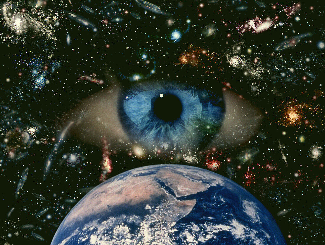 Computer graphic of an eye on starfield with Earth