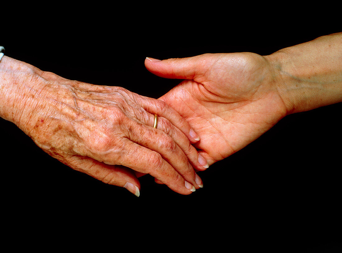 View of a young hand holding an elderly hand