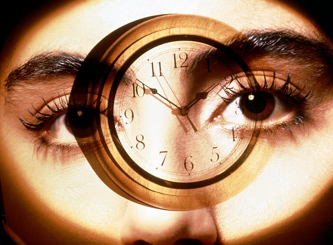 Abstract of biorhythms: woman's face and a clock