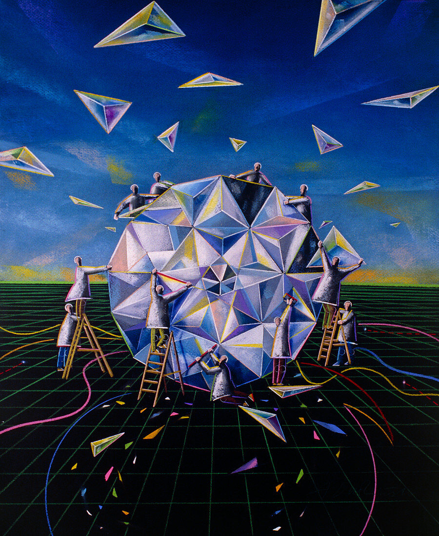 Abstract artwork of teamwork in making a crystal