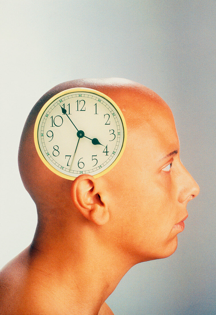Abstract image of a clock on a woman's head