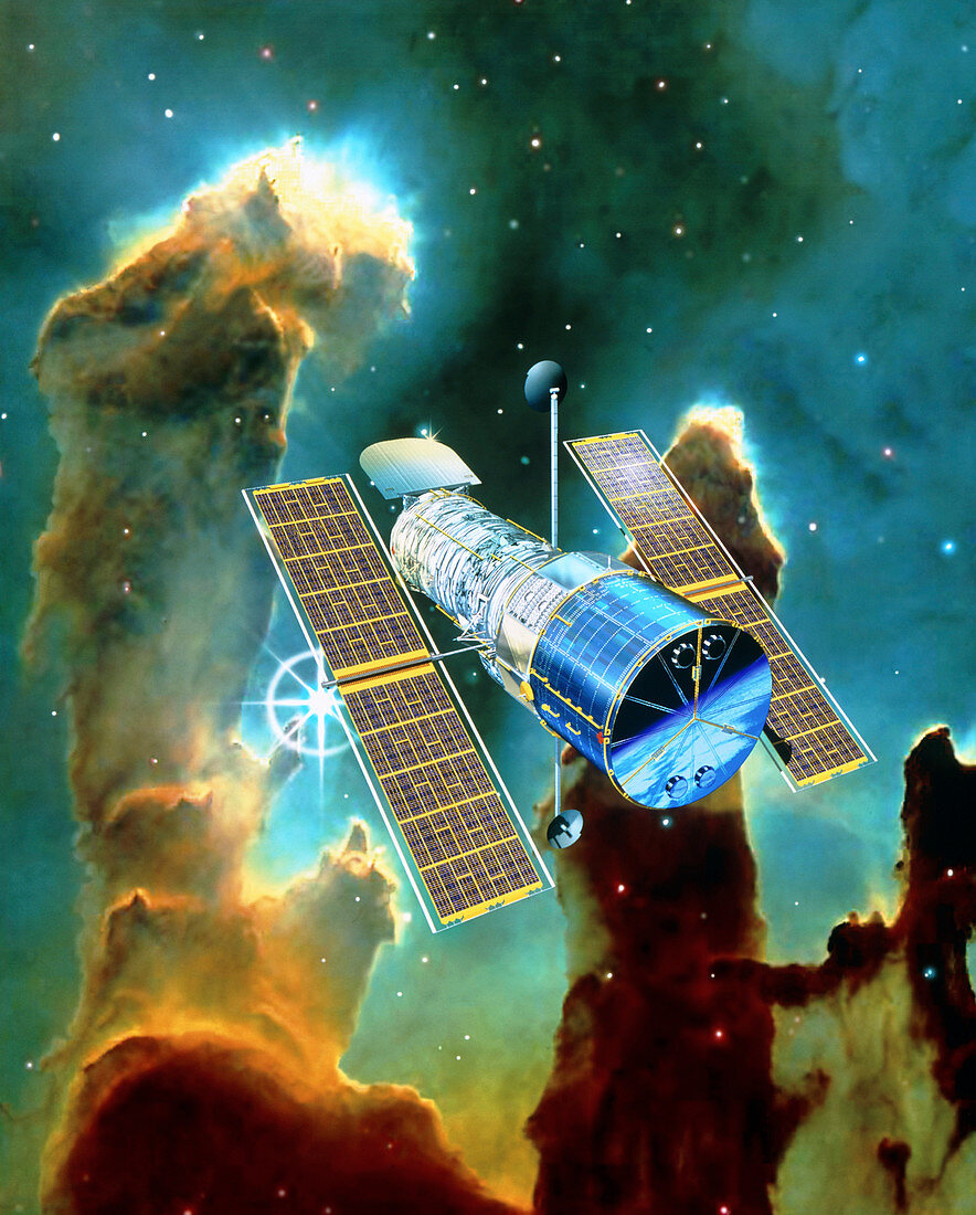 Artwork of Hubble Space Telescope and Eagle Nebula