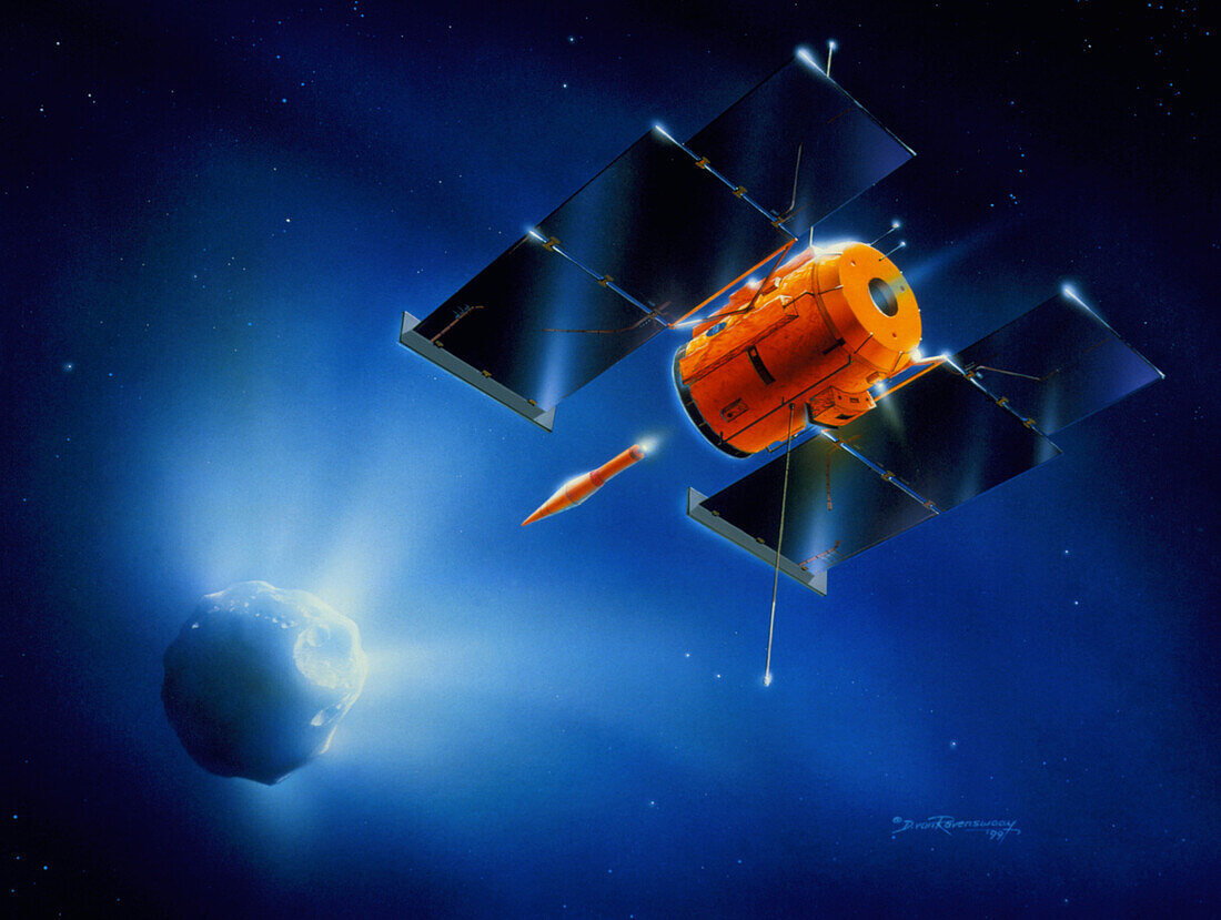 Artwork of Deep Impact mission encountering comet