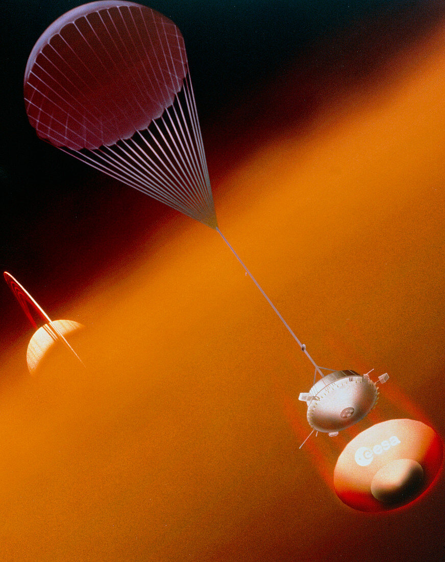 Huygens probe descending through Titan atmosphere