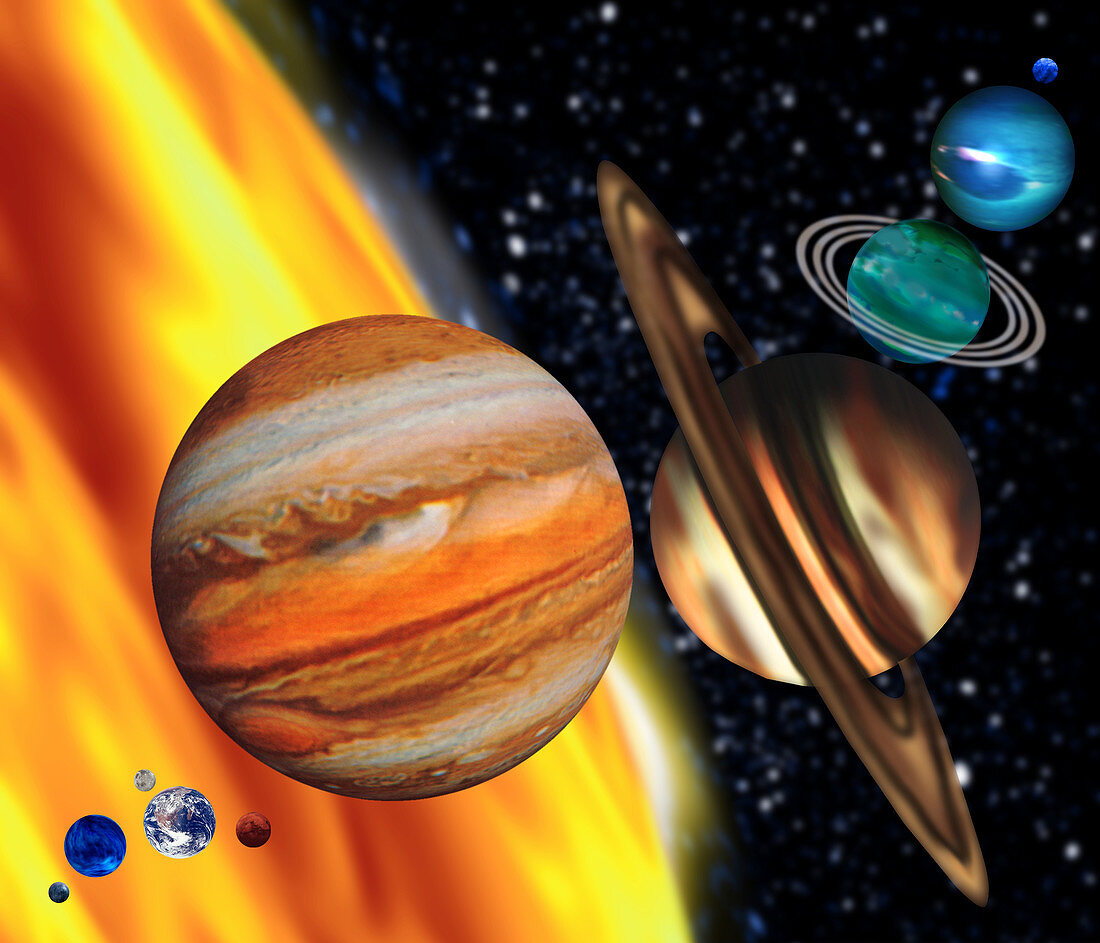 Computer artwork showing relative sizes of planets