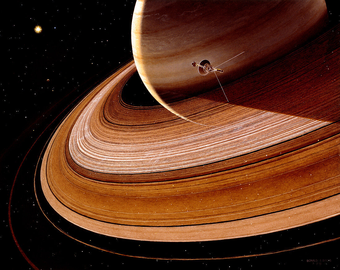 Artwork showing Voyager 2 approaching Saturn
