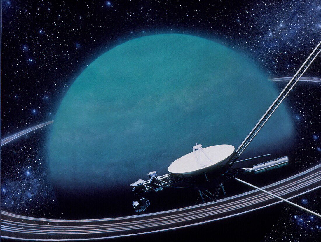 Artwork showing Voyager 2's encounter with Uranus