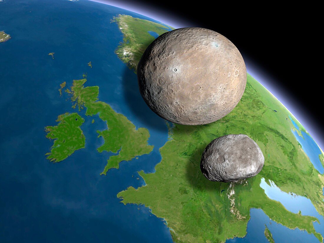 Asteroids Ceres and Vesta,scale artwork