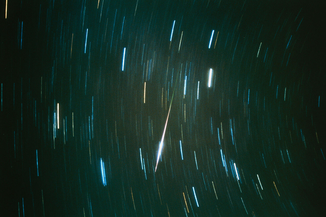 Optical image of a Leonid meteor and star trails
