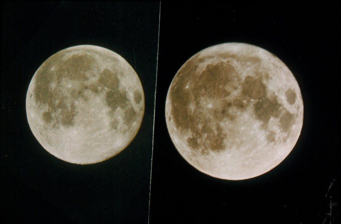 Two images of full moon showing perigee & apogee