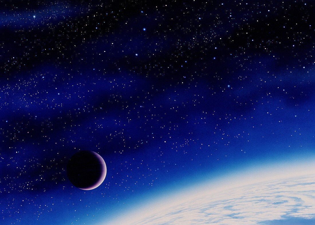 Artwork of a crecent Moon over the Earth's surface