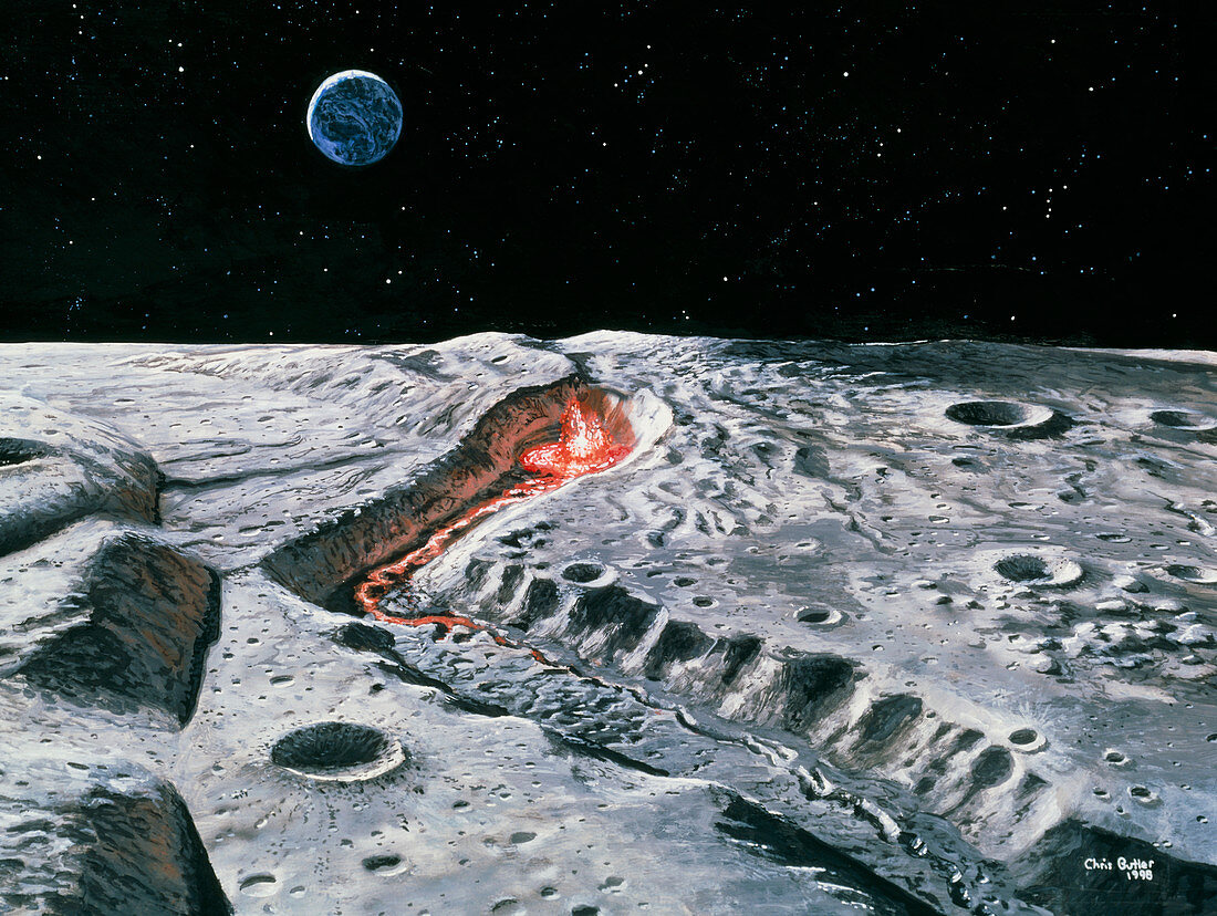 Artwork of a volcano erupting in the Moon's past