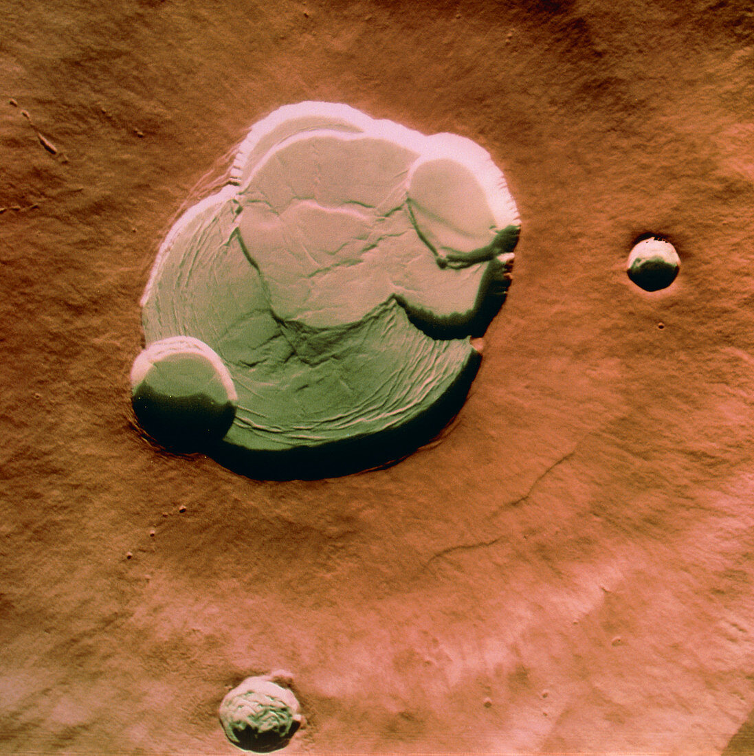 Coloured view of caldera of Olympus Mons on Mars