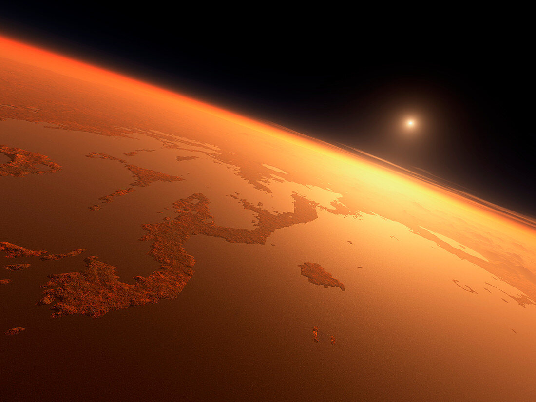 Sunrise over water on Mars