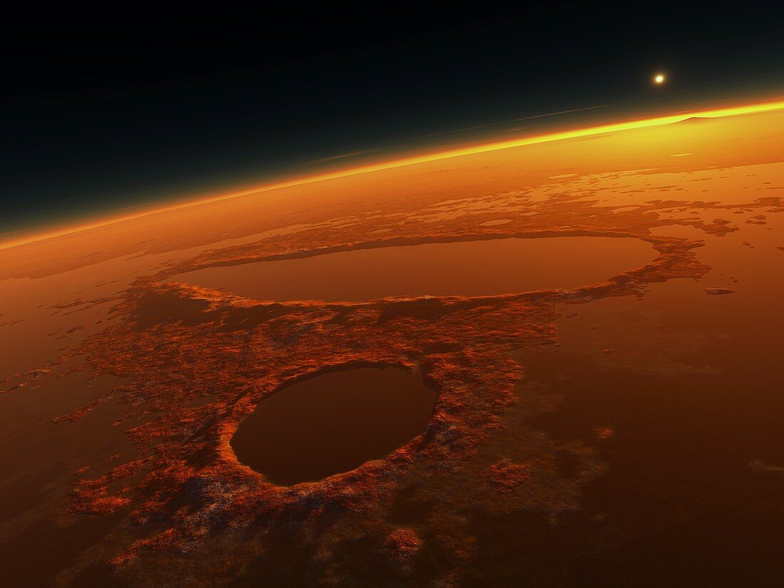 Sunset over water on Mars