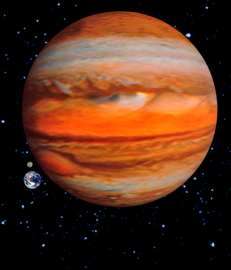 Artwork showing Jupiter and Earth sizes