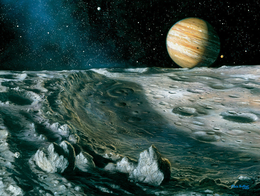 Artwork of Jupiter rising above Ganymede's surface