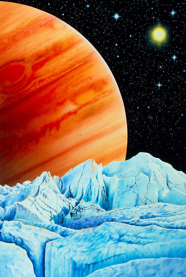 Artwork of Europa's surface,& Jupiter in the sky