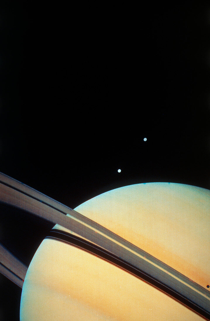Voyager 1 photo of Saturn & two of its moons