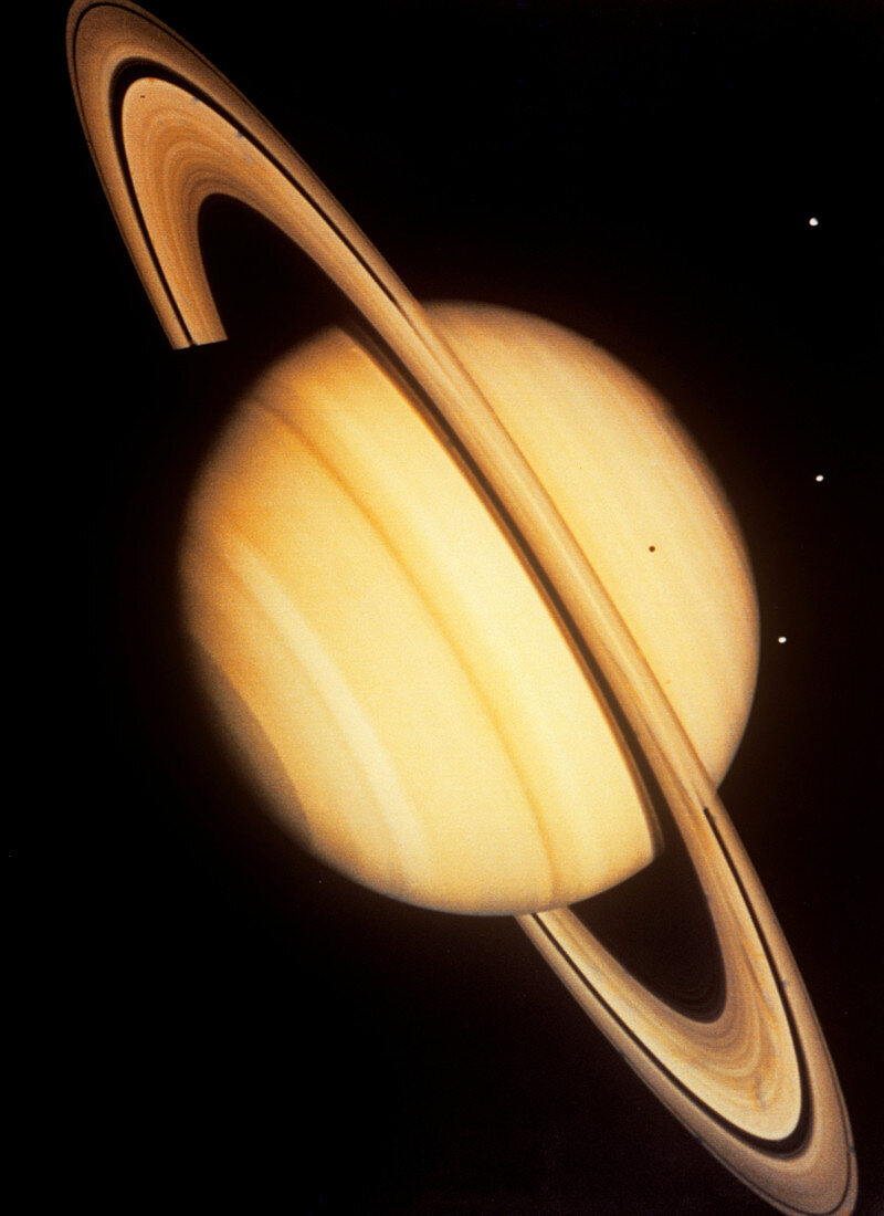 Voyager 2 photo of Saturn & three of its moons