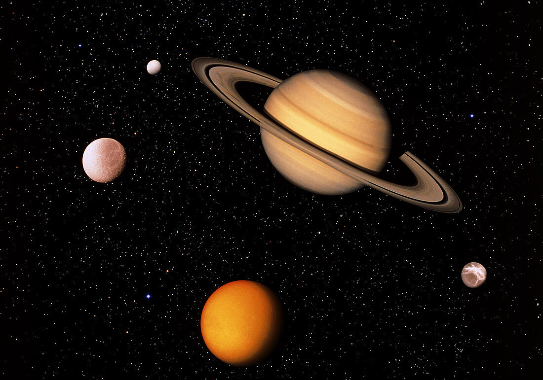 Composite image of Saturn and four of its moons