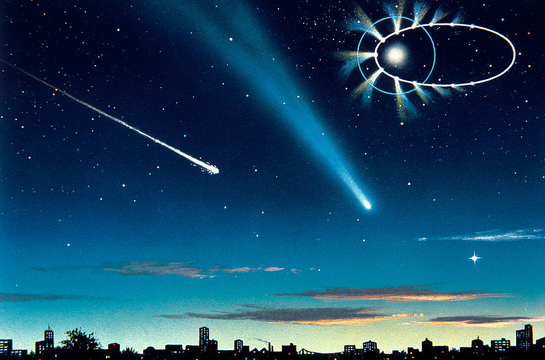 Artwork of a comet and a meteor in a starry sky