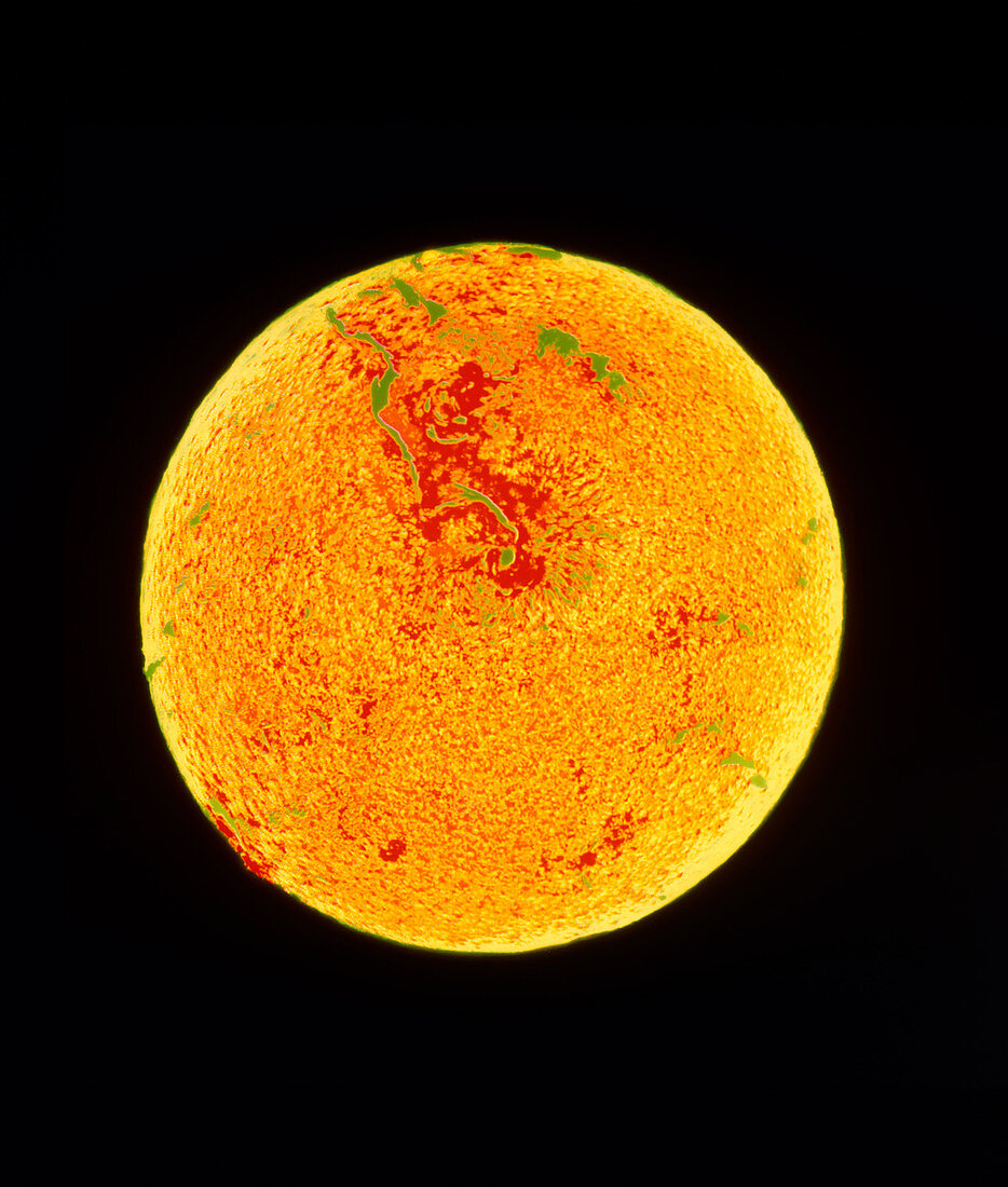 Coloured image of the sun showing sunspots