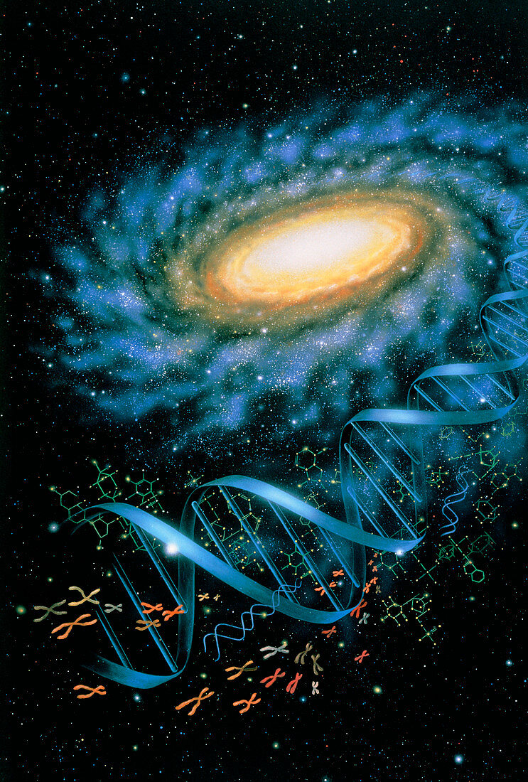 Artwork of DNA coming from a spiral galaxy