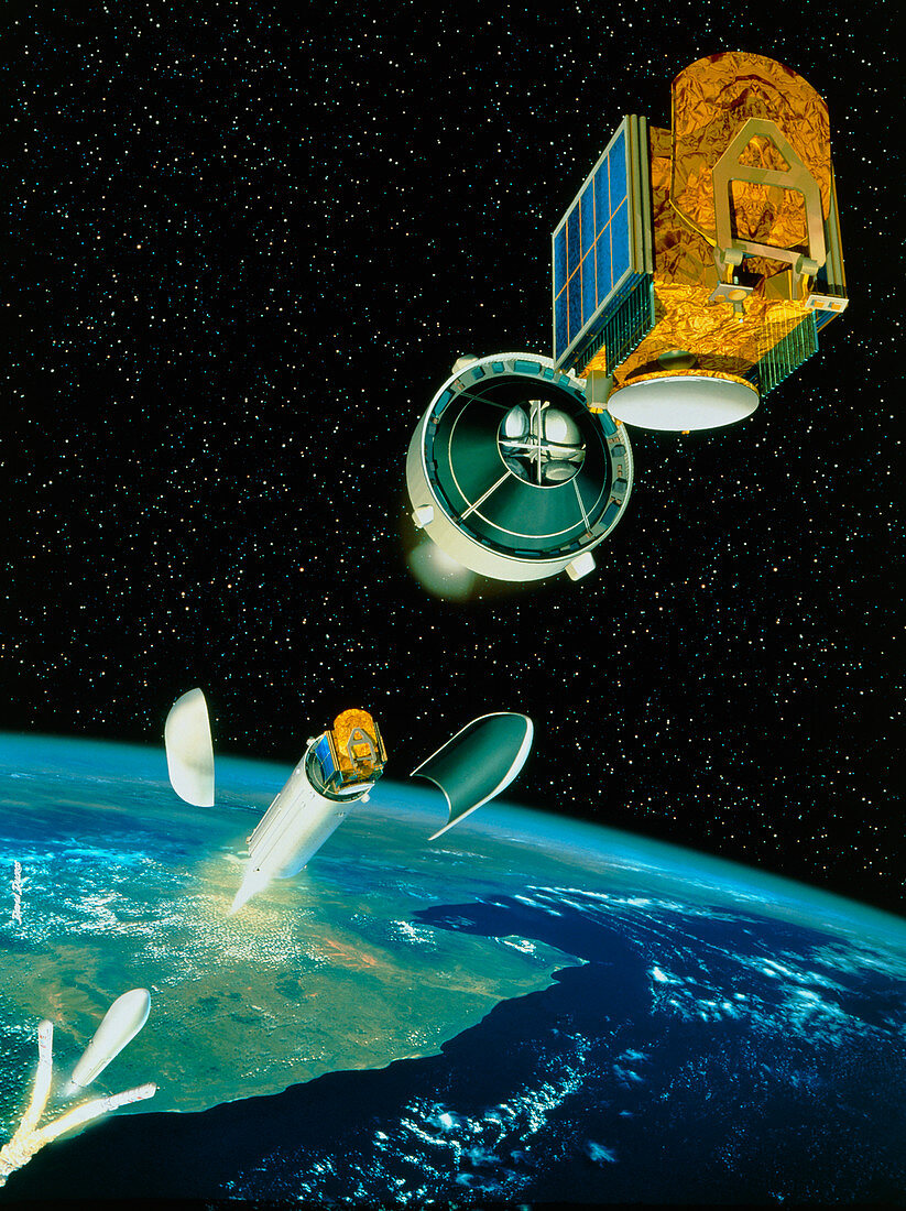 Artwork of satellite launch sequence of Ariane 5