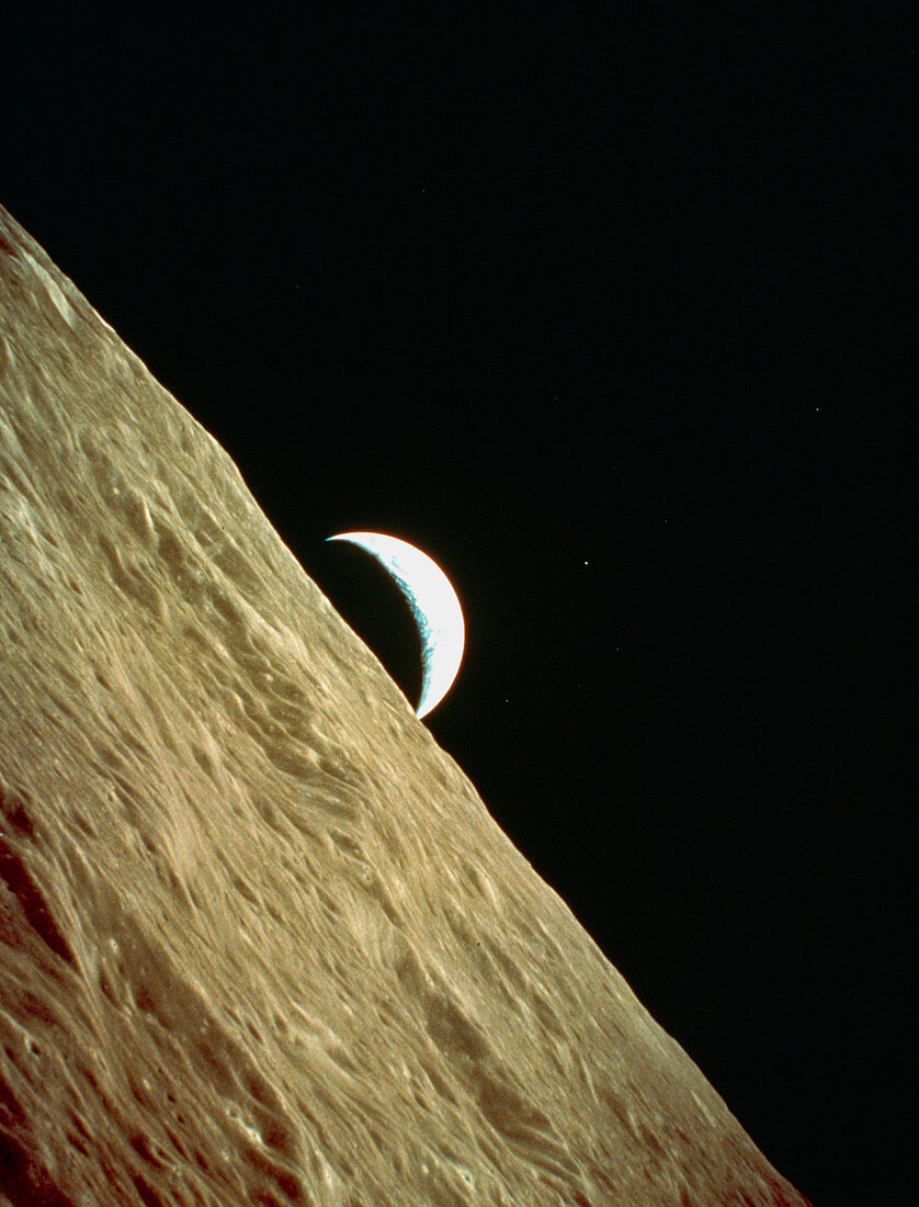 Apollo 17 image of a crescent earthrise over moon