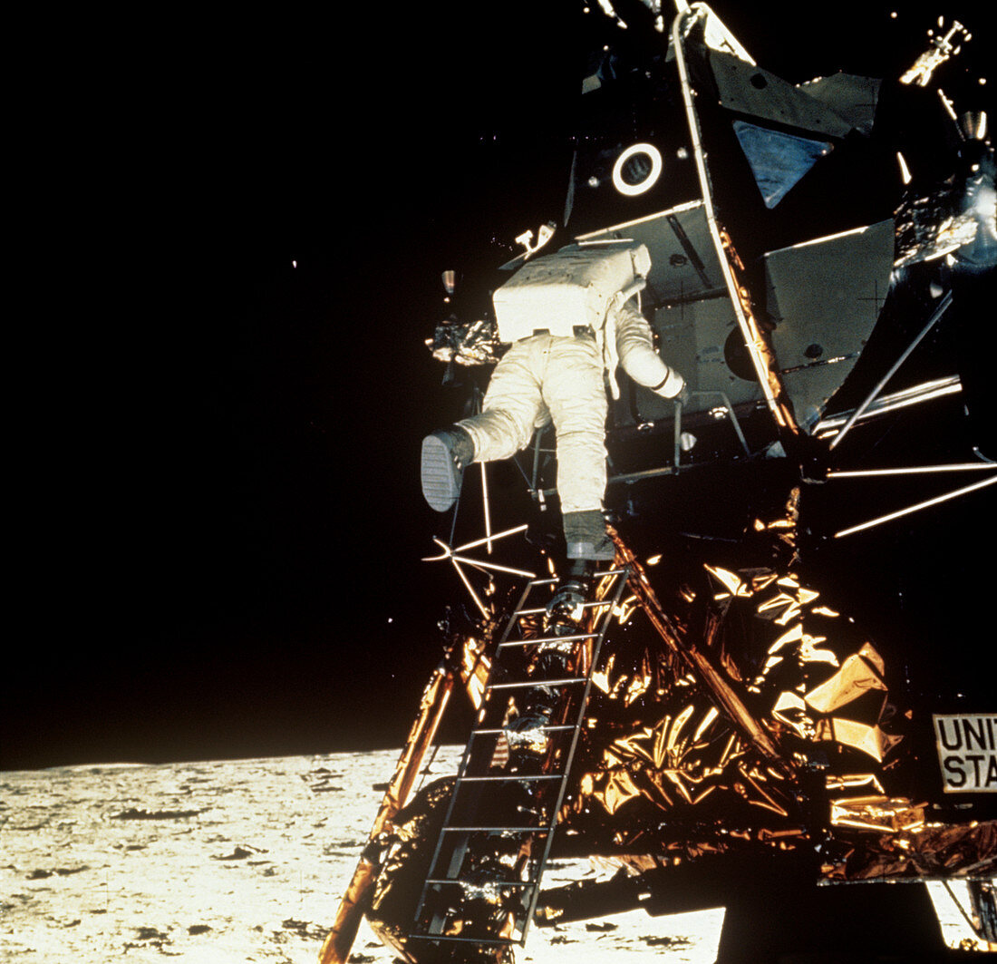 Apollo 11 astronaut Aldrin leaving Lunar Module