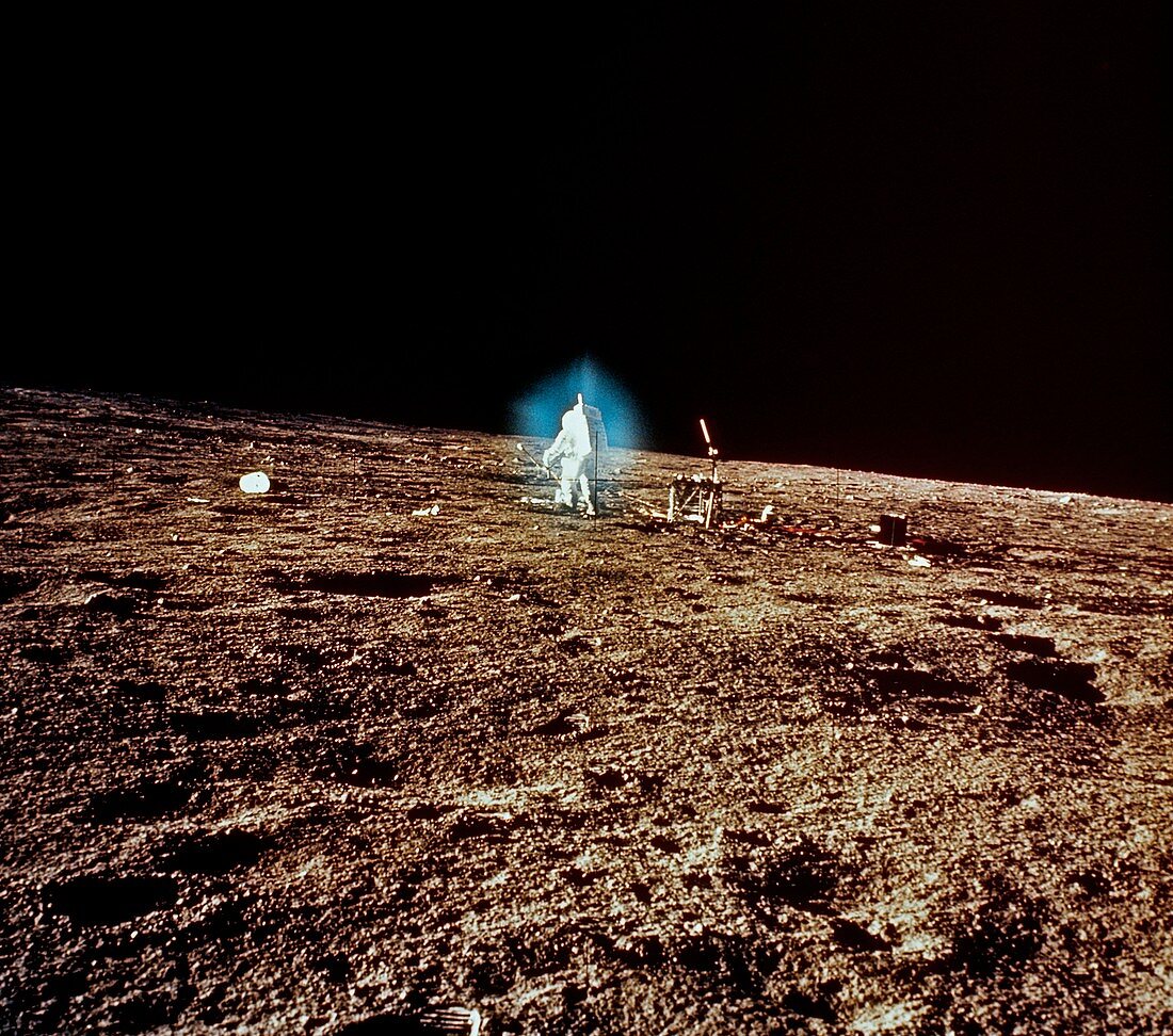 Apollo 12 wide-angle view of astronauts on moon