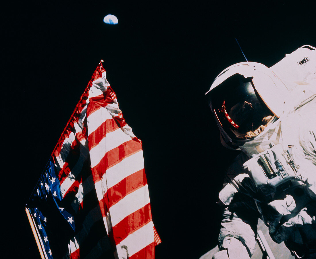Harrison Schmitt next to US flag on moon,Apollo 17