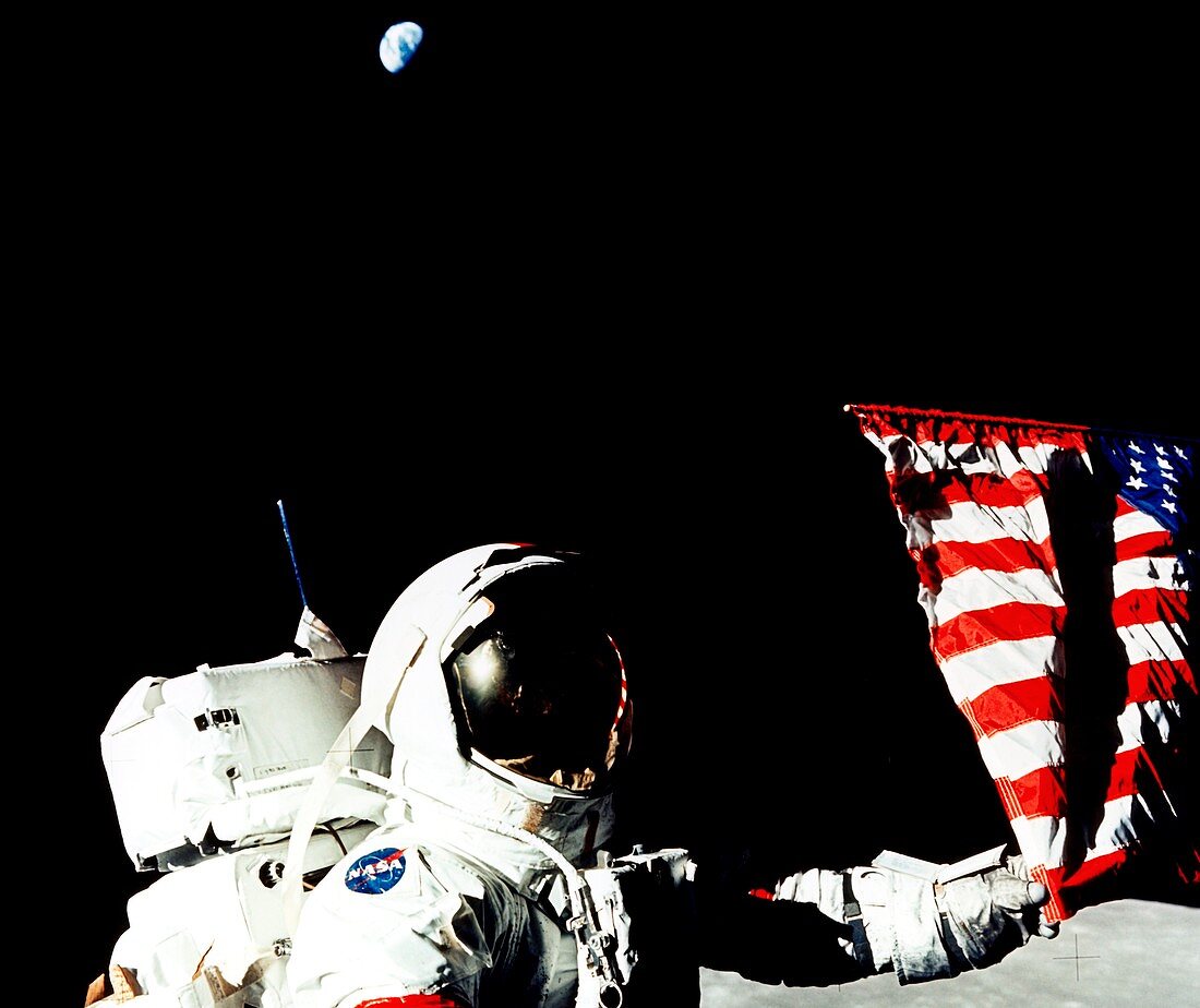 Eugene Cernan with US flag on Moon Apollo 17
