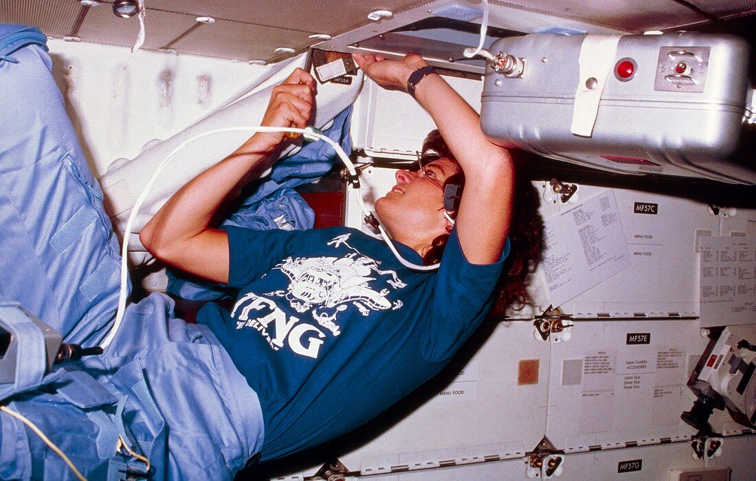 Sally Ride on mid-deck of Shuttle,STS-7