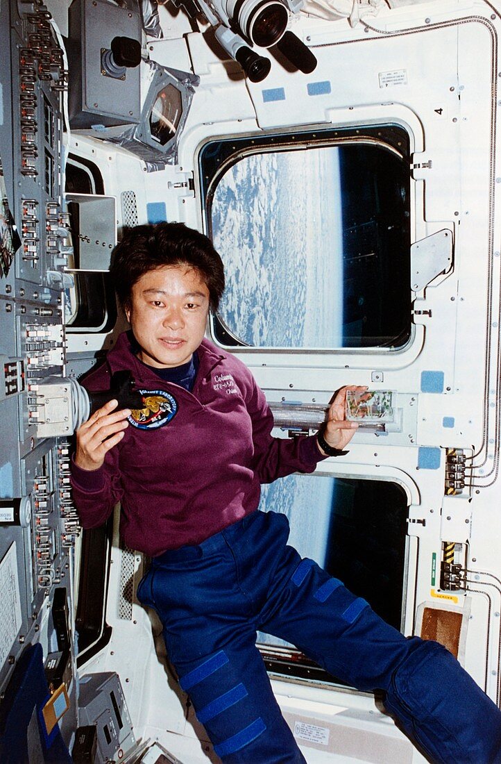 Dr Mukai on mid-deck of Shuttle Columbia,STS-65