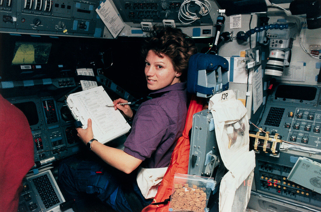 Shuttle pilot Eileen Collins at shuttle controls