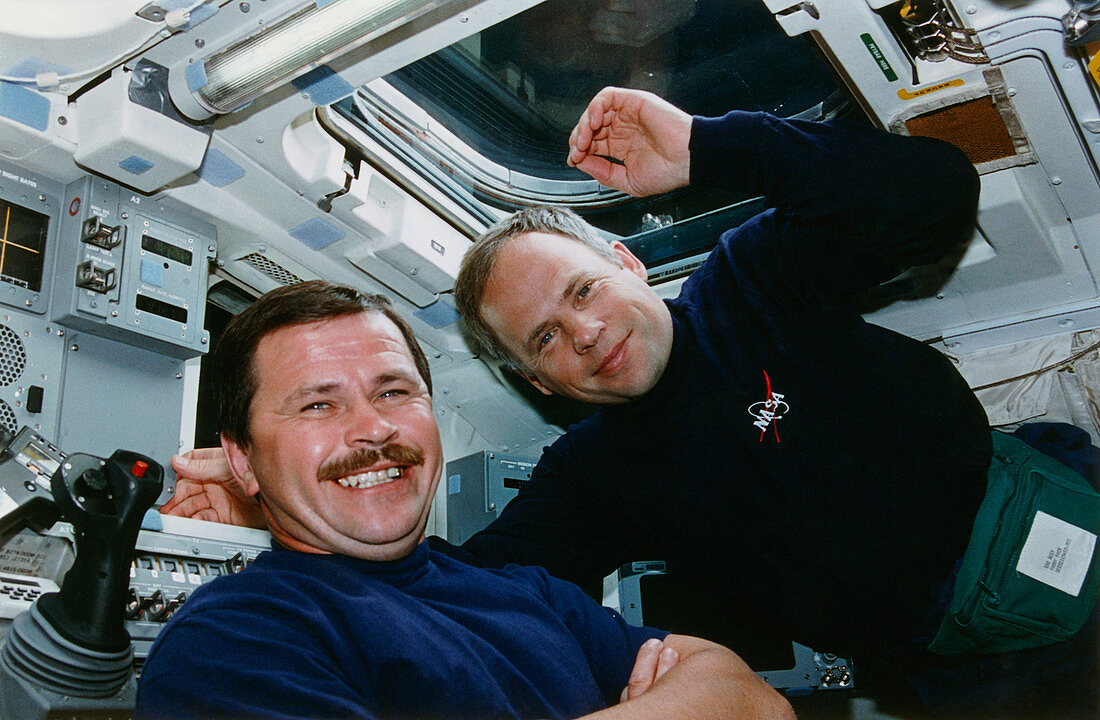 Cosmonauts Solovyev and Budarin on Space Shuttle