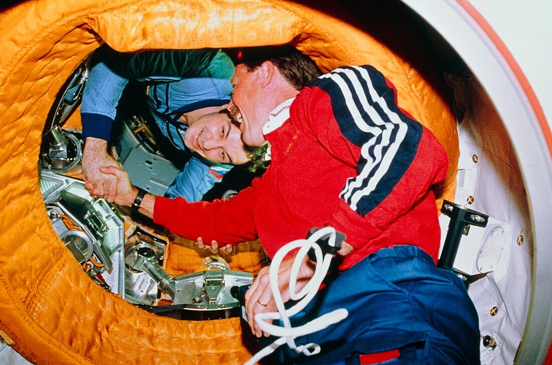 Historic handshake after first Shuttle-Mir docking