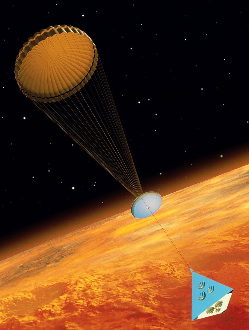 Artwork showing Mars Pathfinder descending to Mars