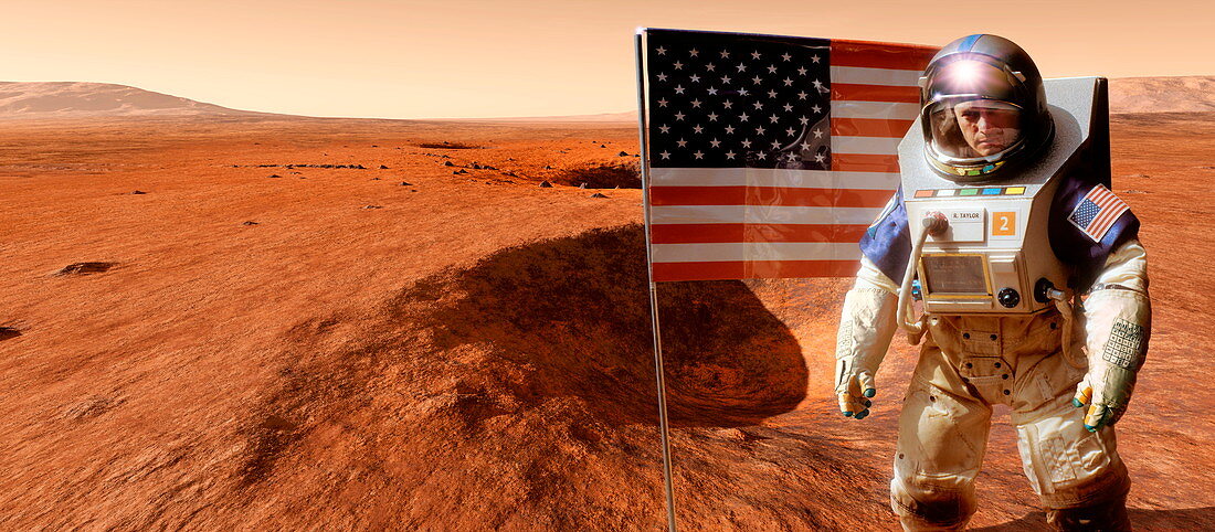 Astronaut on Mars with US flag,artwork
