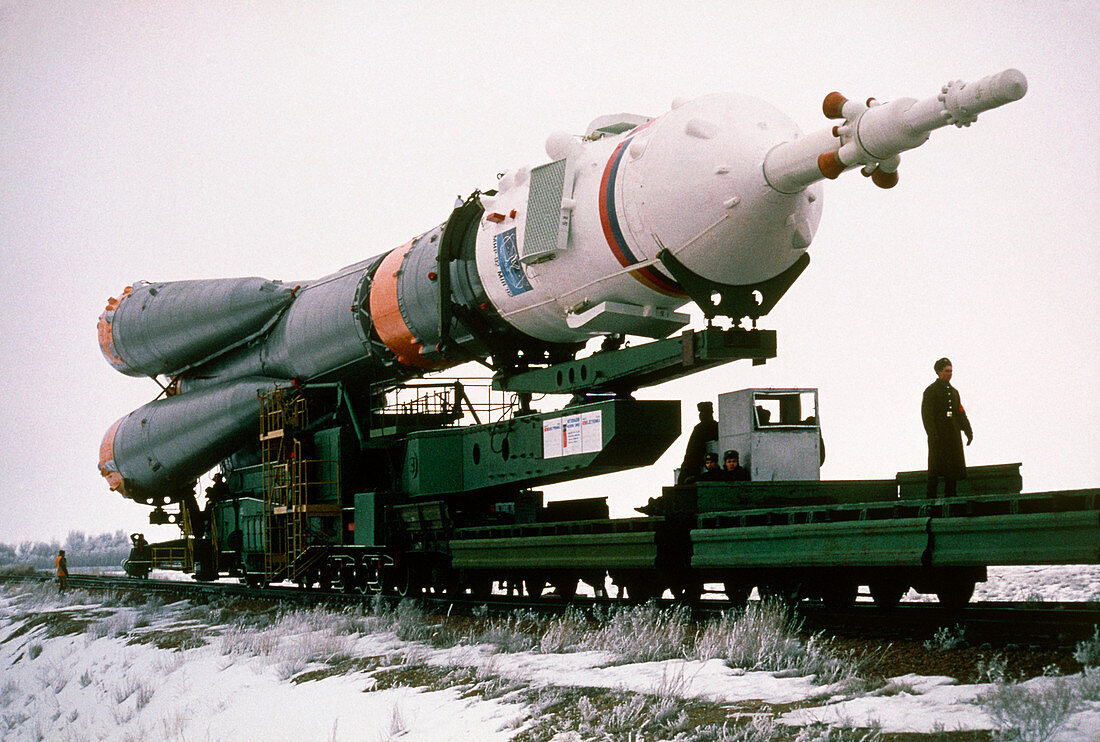 Soyuz SL-4 rocket being taken to the launch pad