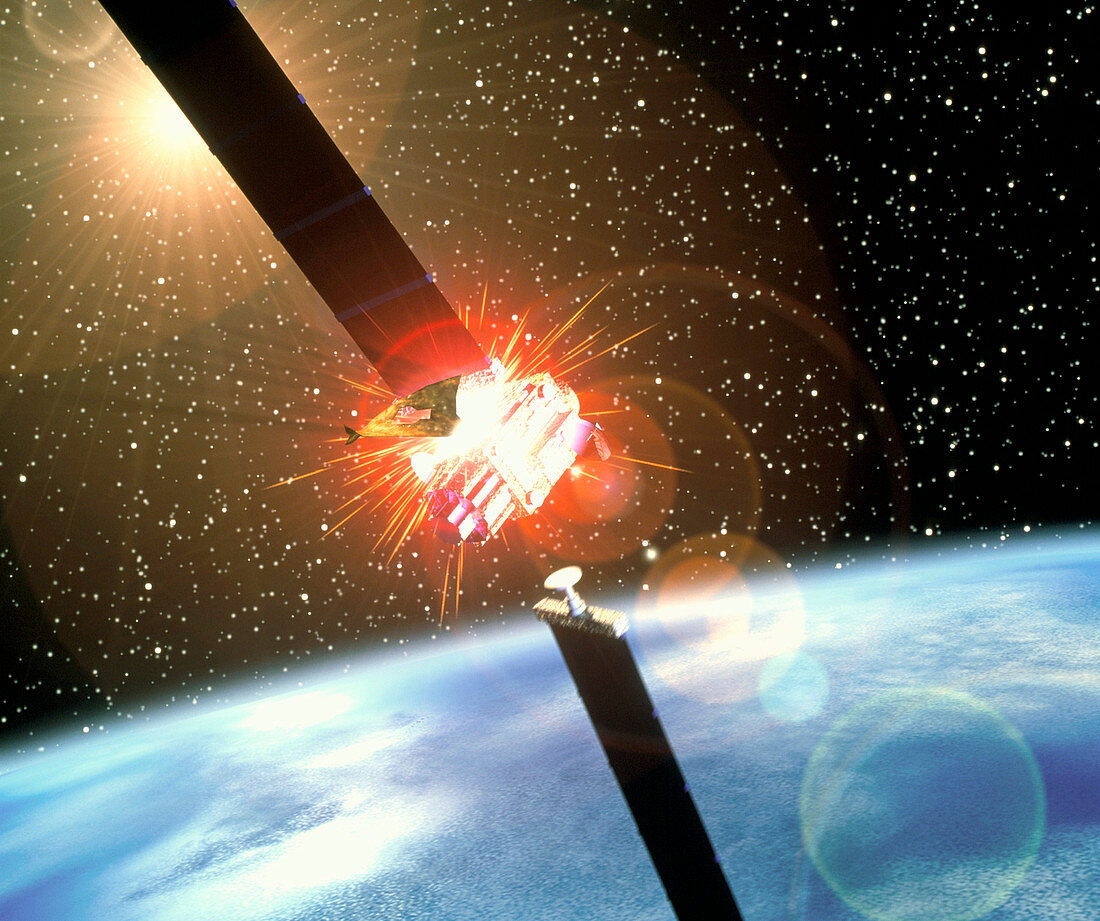 Artwork of space junk colliding with a satellite