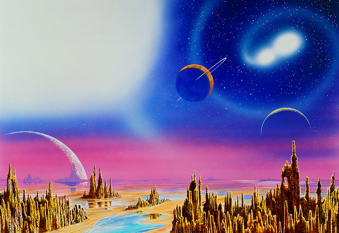 Artwork of alien landscape with planet-filled sky