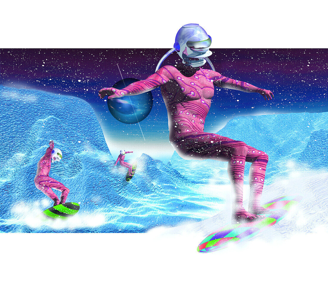 Computer artwork of men snowboarding on Titan