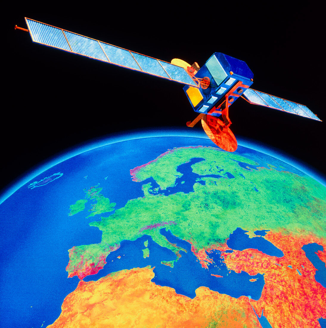 3-D Computer graphic of satellite over Europe