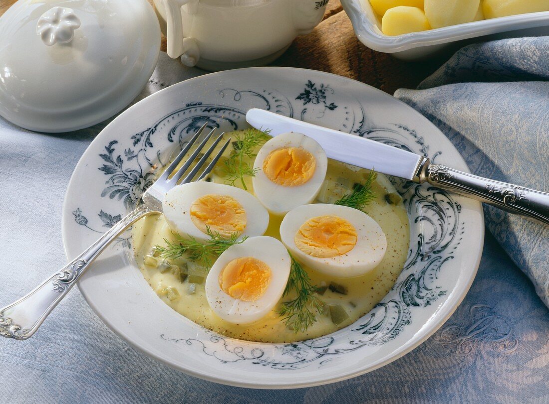 Eggs in mustard sauce garnished with dill on plate