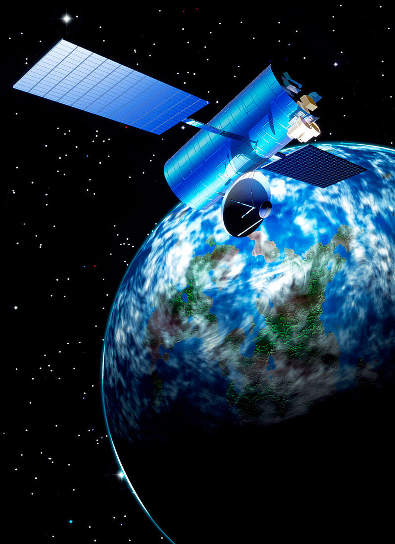Artwork of a communications satellite over Earth