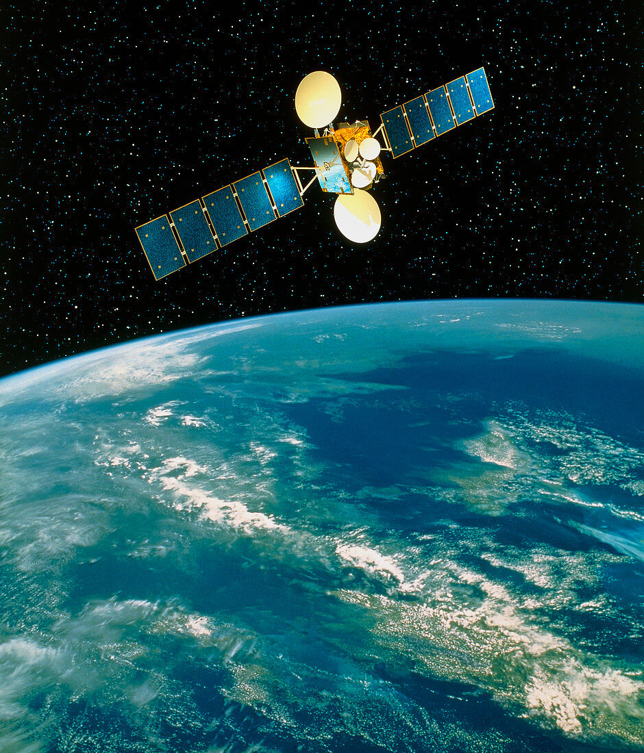 Artwork of a communication satellite over Earth