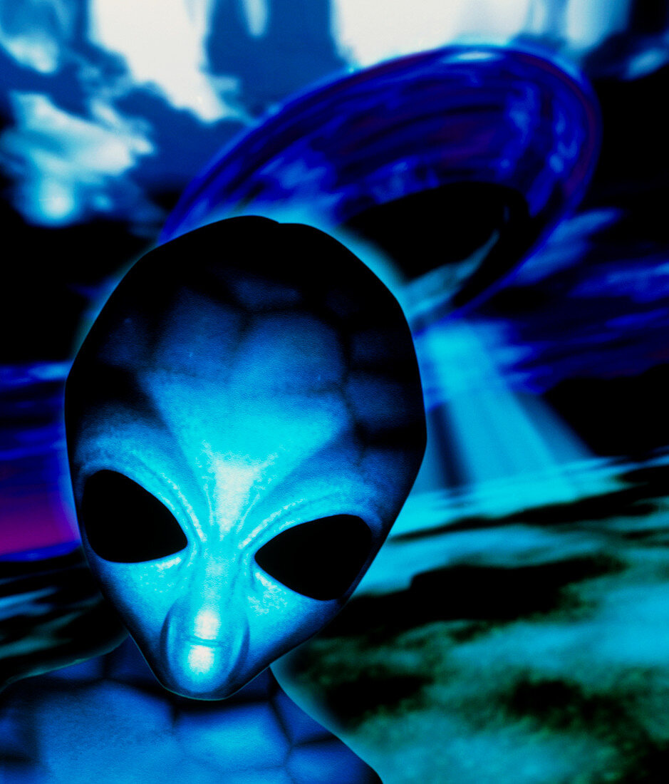 Computer artwork of an alien and a UFO